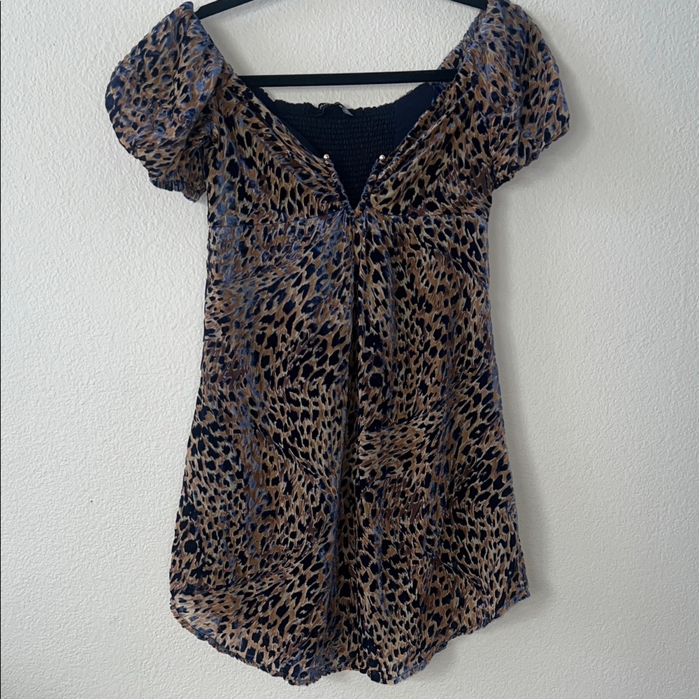 Olivaceous Animal Print Mini Dress in Blue and Brown Leopard Print